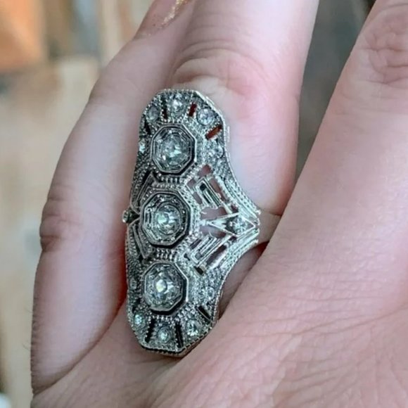Vintage European Cut Art Deco Antique Silver Ring - Picture 7 of 9